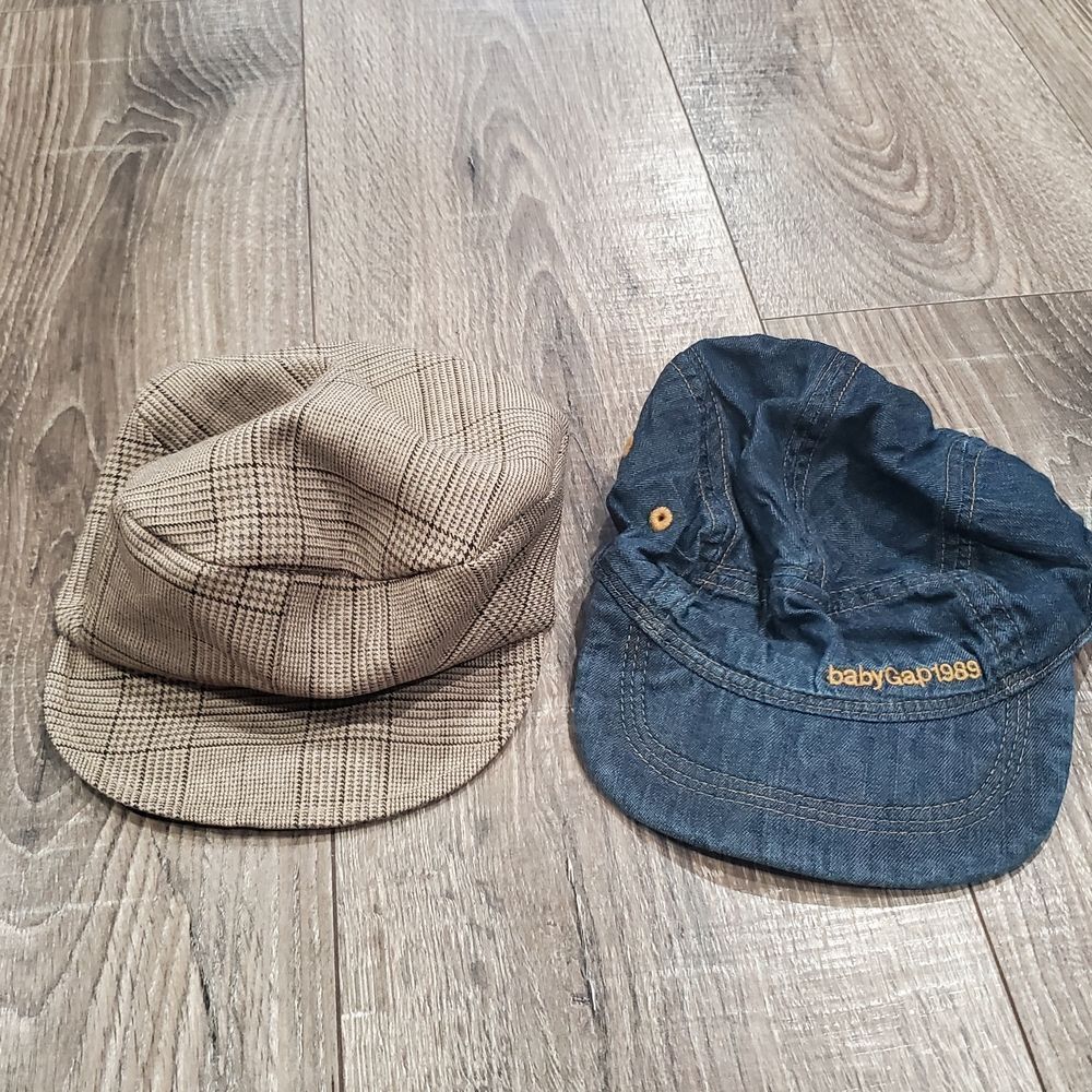 Baby Hats Babycap Beige Plaid and Blue Denim Baby Boy Hat Set 2 Pieces